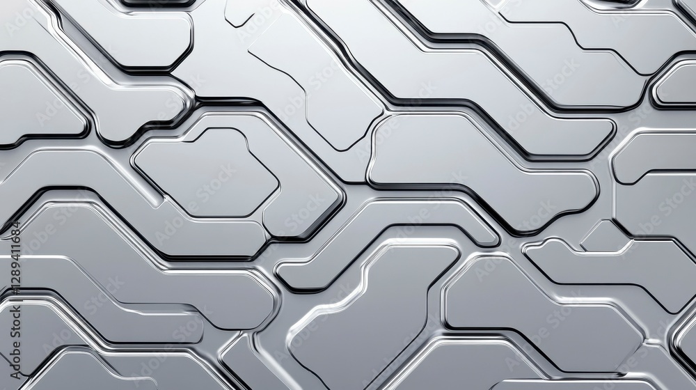 Poster a visually striking abstract surface featuring interconnected metallic shapes and smooth contours in