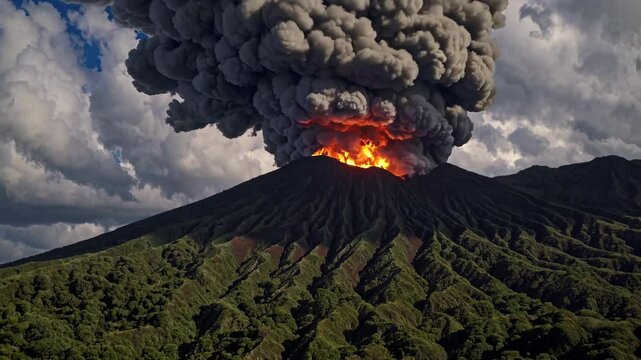 Aerial video captures a volcanic eruption with thick smoke and lava, set against a lush green landscape and dramatic cloud-filled sky.