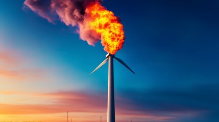 Fototapeta premium A surreal wind turbine spewing flames against a colorful sunset sky, symbolizing the clash of energy sources and environmental themes