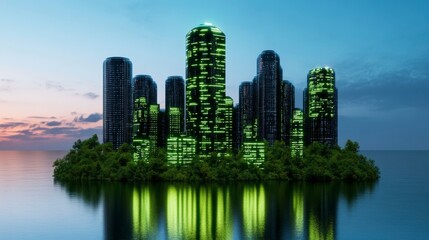Fototapeta premium A futuristic city skyline illuminated by vibrant green lights in a serene water setting at twilight