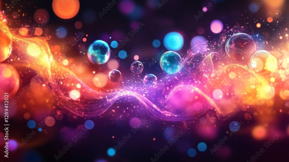 Poster abstract colorful bubbles floating and swirling in a dark space