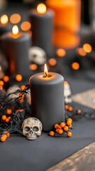 Halloween table decor with black candles and miniature skulls for a spooky celebration