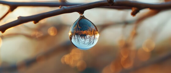 A water droplet on a branch encases a flipped landscape, brilliantly capturing the essence of nature within its reflective orb.