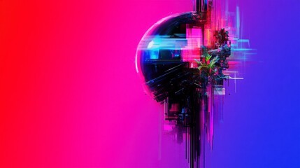 A vibrant digital abstract artwork featuring a spherical shape embedded in a vivid pink and blue background with striking visual elements