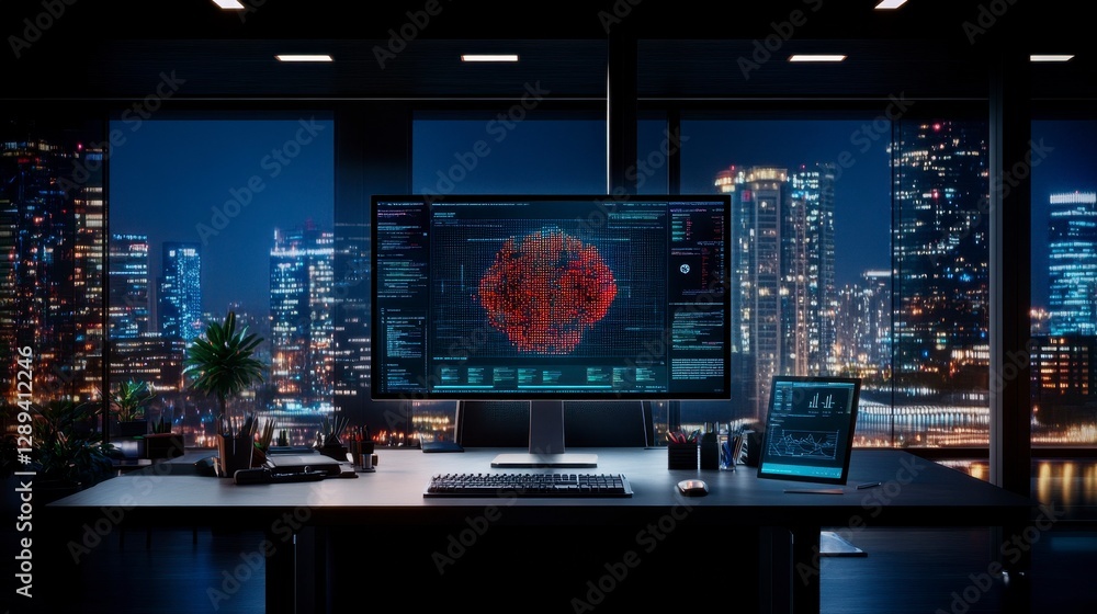 Poster high-tech workspace with visual data analysis in a modern city skyline at night, showcasing technolo