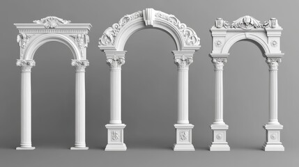 White clay ancient Roman arch with ornate designs. Realistic 3D vector illustration set of Greek stone pillars for temple building doors or windows. Classic antique architectural archway.