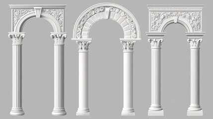 Fototapeta premium White clay ancient Roman arch with ornate designs. Realistic 3D vector illustration set of Greek stone pillars for temple building doors or windows. Classic antique architectural archway.