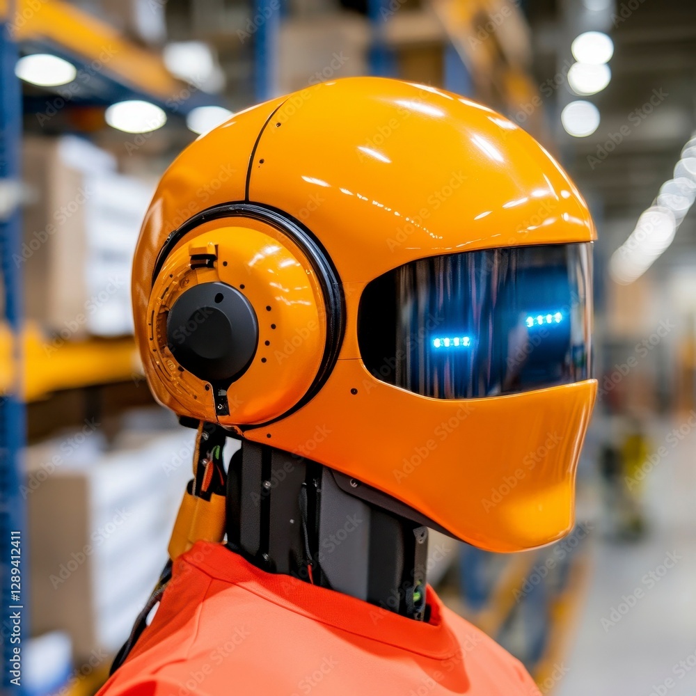 Poster innovative robotic assistant with an orange helmet and digital display in a modern warehouse setting