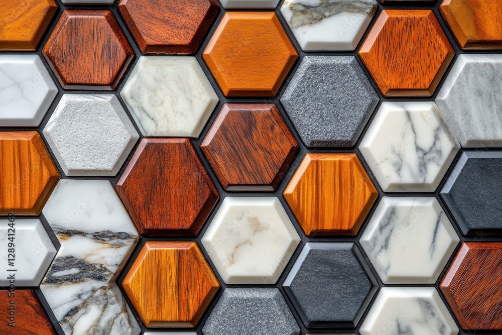 Poster unique hexagonal tiles with diverse textures and materials create an eye-catching surface in a moder