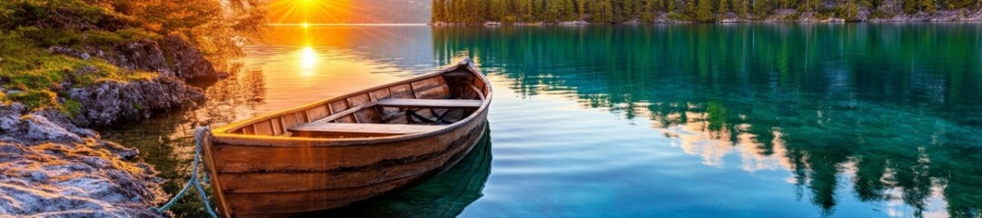 Obraz premium Bright Golden Sunrise Over a Clear Lake with a Traditional Wooden Boat at the Shore. Generative AI