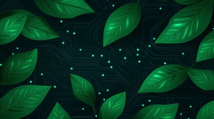 A visually stunning fusion of nature and technology with vibrant green leaves on a dark, circuit-patterned background