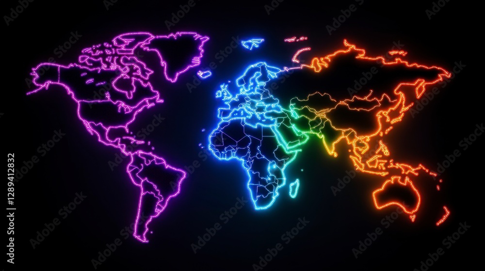Poster a vibrant neon outline of the world map in a spectrum of colorful hues displayed on a dark backgroun