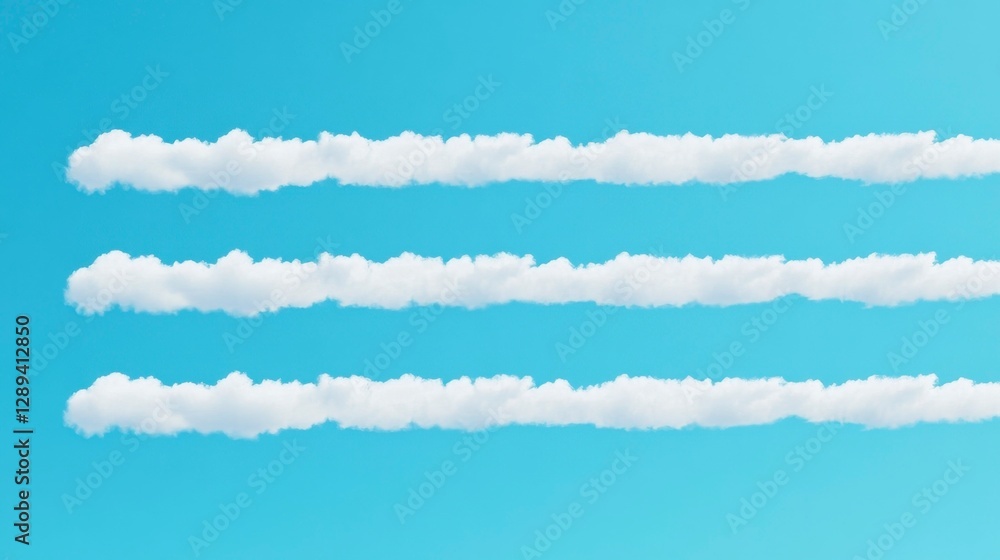 Poster Soft white clouds forming horizontal lines against a bright blue sky, creating a serene and calming atmosphere.