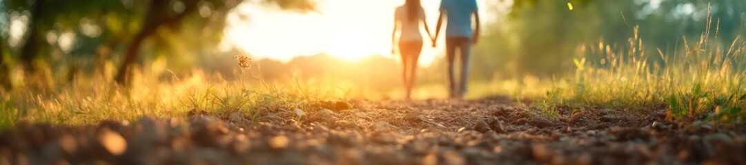 Couple walking hand-in-hand along a peaceful forest path during sunset. Generative AI