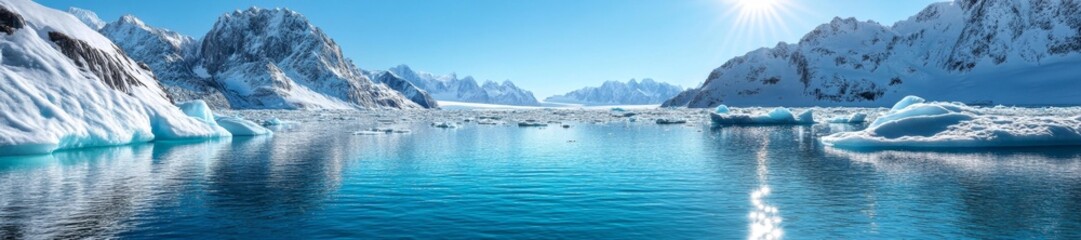 Panoramic snowy mountain landscape with icebergs on calm ocean waters. Generative AI