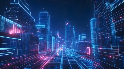 Fototapeta premium Glowing Futuristic Cityscape with AI Driven Businesses and Illuminated Skyscrapers