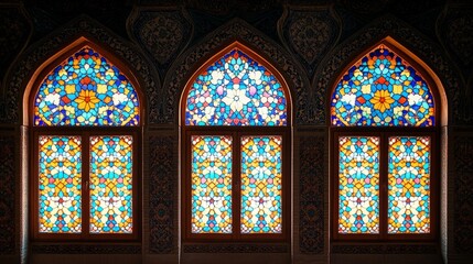 Fototapeta premium Window designs from famous Islamic architecture, like mosques. They have traditional elements and frames from Eastern architecture and are decorated with Arabic ornaments.