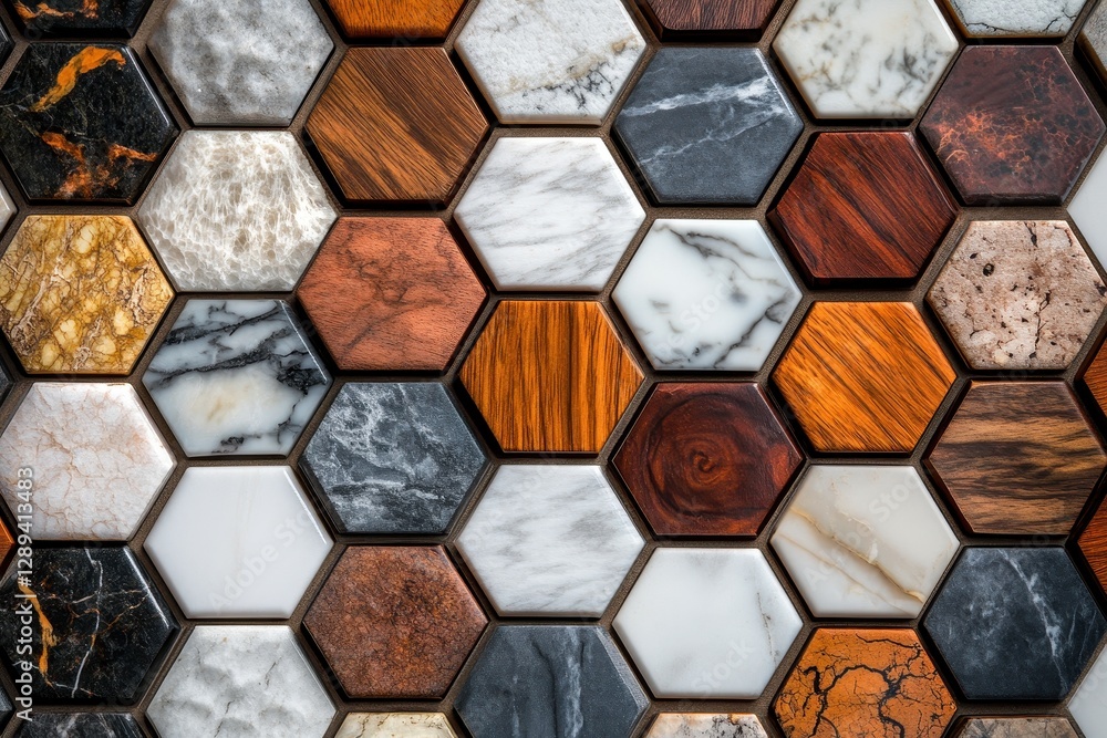 Poster unique hexagonal tiles with diverse textures and materials create an eye-catching surface in a moder