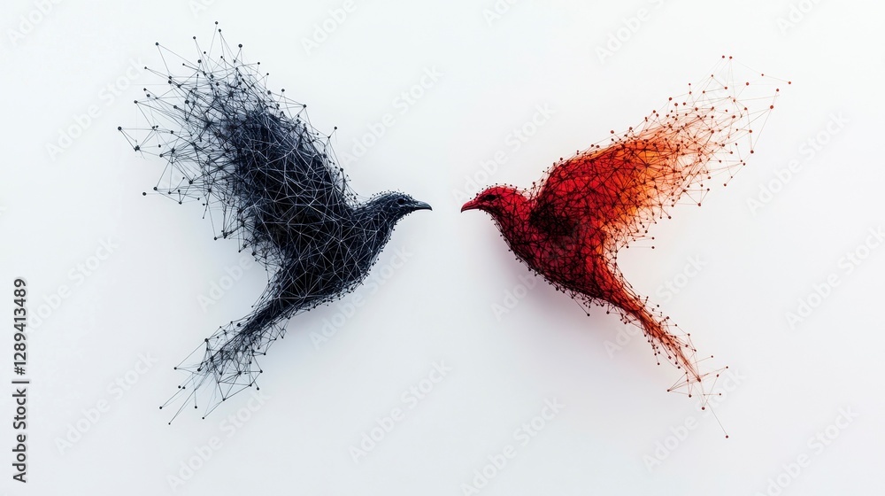 Poster dynamic representation of two abstract birds crafted from intricate wireframe structures in contrast