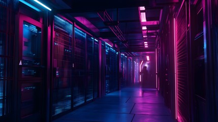 Fototapeta premium Futuristic High Tech Cyber Prison Corridor with Neon Lit Containment Field