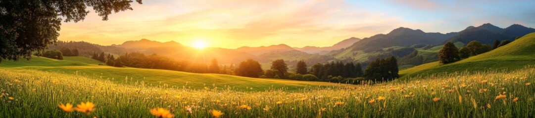 Obraz premium Vibrant Summer Meadow with Rolling Hills and Wildflower Bloom. Generative AI