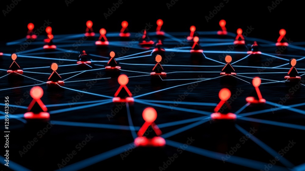 Poster network of interconnected individuals represented by glowing figurines linking through illuminated l