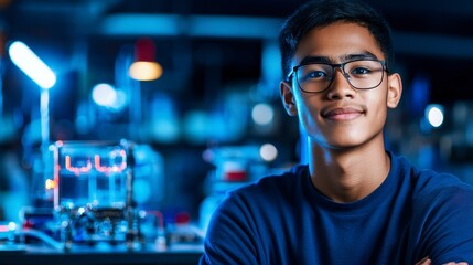 Young male student smiling confidently in a modern laboratory setting with technology and gadgets in the background