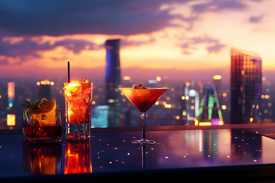 Rooftop cocktails at sunset with city skyline view, elegant cocktails, perfect night