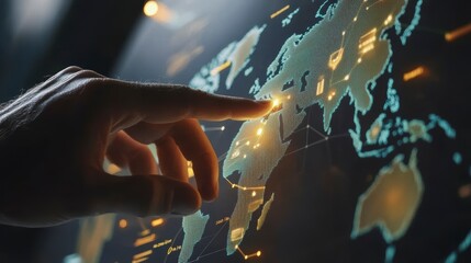 Hand interacting with digital world map