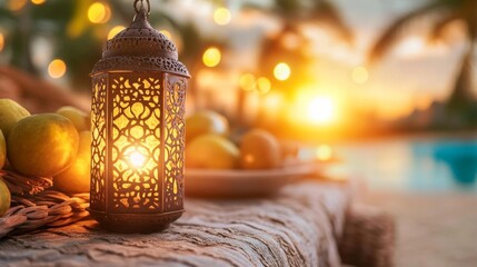 Fototapeta premium Rustic Lantern with Beautiful Warm Glow Surrounded by Fruits and Soft Bokeh Lighting. Generative AI