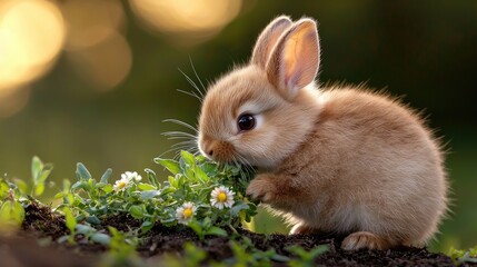Fototapeta premium Cute bunny eating wildflowers, spring garden background, pet, nature