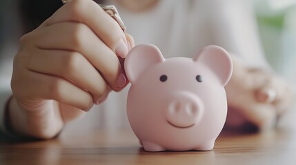 Person Inserting Coin into Piggy Bank