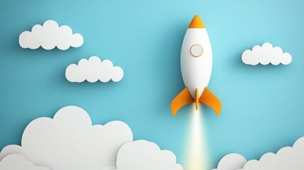 Brightly Colored Rocket Launching Into Blue Sky Surrounded by White Clouds in a Playful and Creative Paper Art Style Image