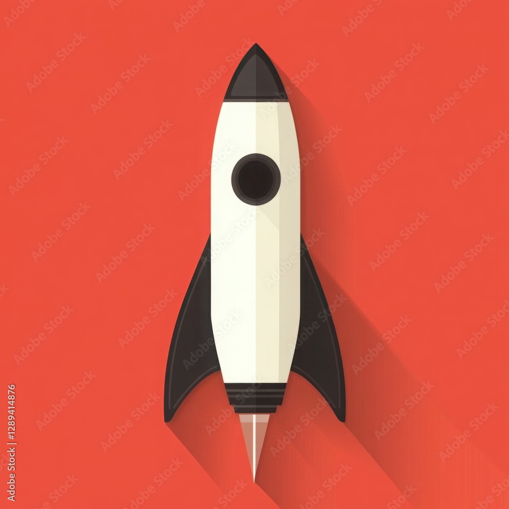 Poster Minimalist Retro Rocket Illustration on Bold Red Background with Shadows and Clean Lines for Space or Technology Themes