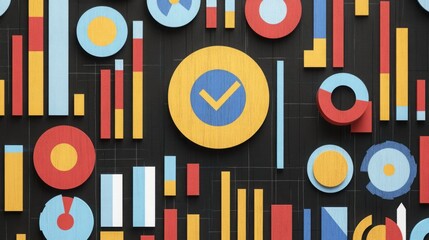Colorful geometric shapes and patterns in vibrant hues create an abstract modern artwork with circular and rectangular designs on a dark background