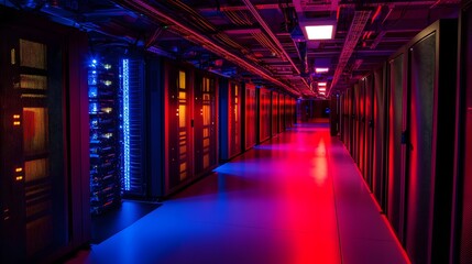 Fototapeta premium Illuminated Futuristic Data Center Corridor with Quantum Computing Debate Concept