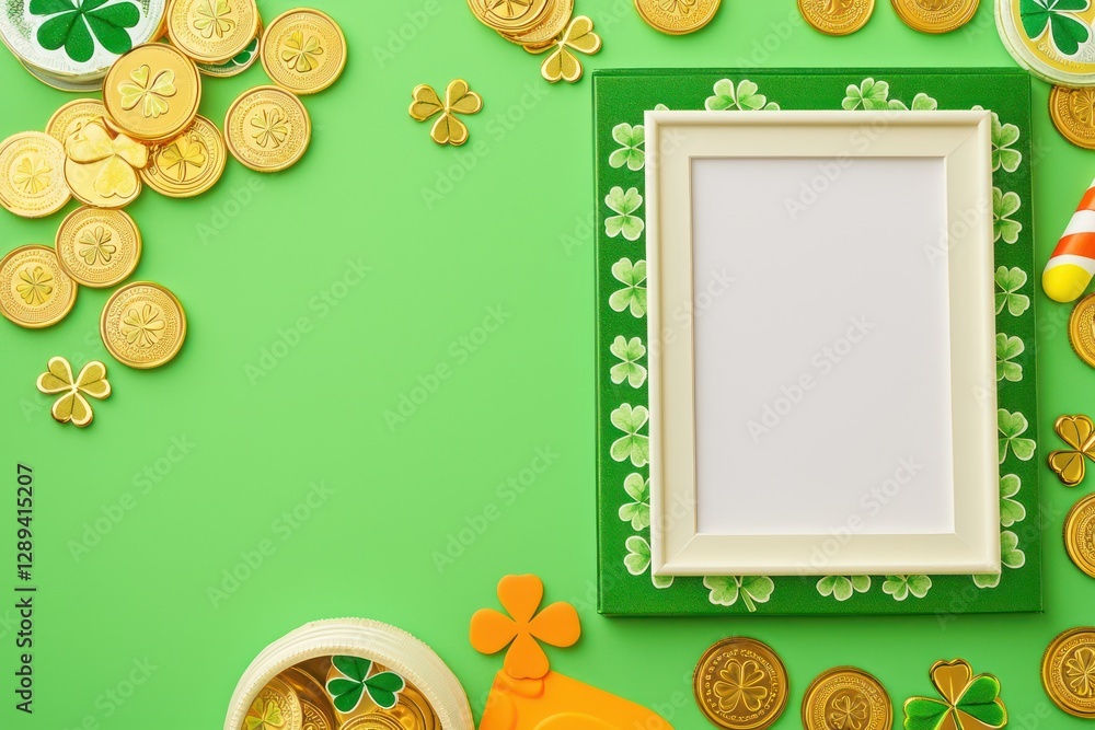 Poster framed blank space with shamrocks and gold coins for st. patricka's day event design.