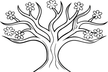 A whimsical tree with abstract floral canopy line art book vector design 