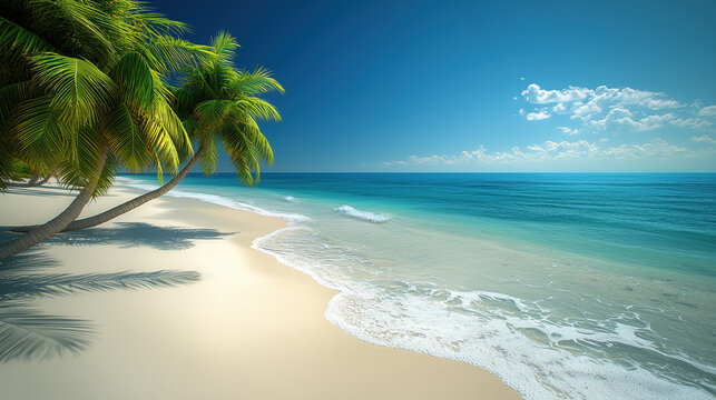 Summer background beautiful beach aqua sea blue sky coconut palm trees white sand.