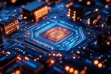 Obraz premium Close-up of a glowing circuit board with central processor.