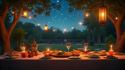 An aesthetically pleasing Suhoor scene with a wooden table set under lantern-lit trees, showcasing a selection of fresh fruits, dates, tea, and traditional Ramadan foods.