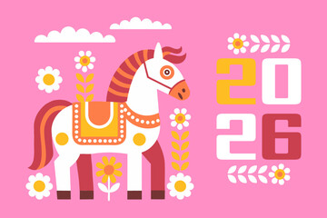 New Year 2026 background with cute horse in nature. Year of the Horse. Modern greeting card. Pop art style Illustration