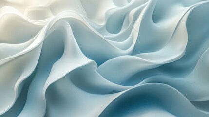 Abstract flowing white and blue fabric waves creating elegant forms