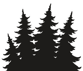 Evergreens silhouetted on white background