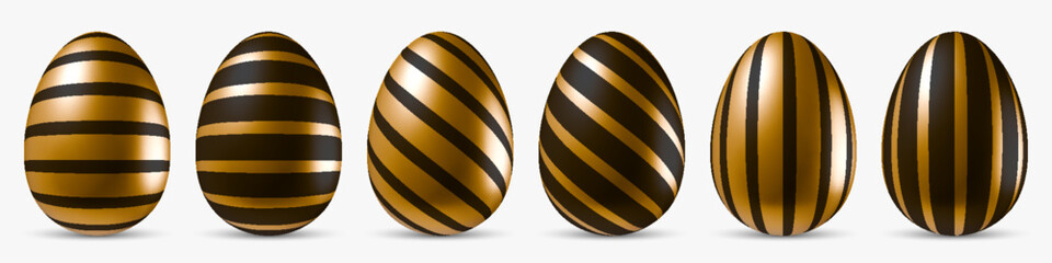 Collection of six 3d realistic eggs with black and gold stripes isolated on white background. Easter objects for poster, holiday banner, greeting cards or festive decorations. Vector illustration