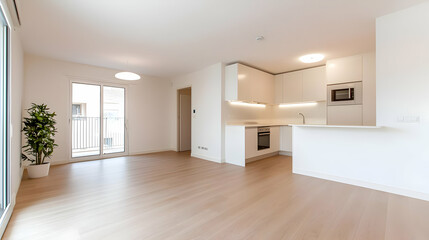 Modern empty apartment, bright interior, hardwood floors, balcony view. Real estate listing image