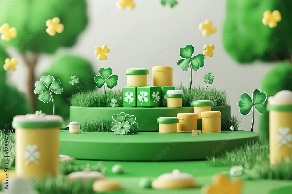 Poster podium mockup for st. patricka's day with 3d product display background for events.