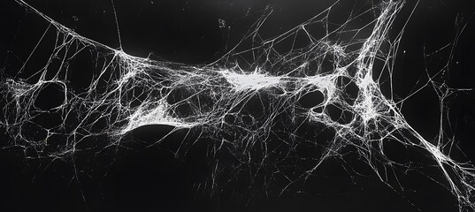 Black background with white spider webs, hanging from the left and right sides of the screen The webs are thin and long,
