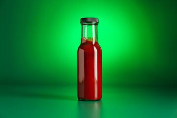 Tasty ketchup in bottle on green background