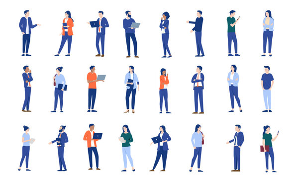 Vector businesspeople characters collection - Set or group of people working in office with computers standing and talking in various poses. Flat design illustration graphic elements